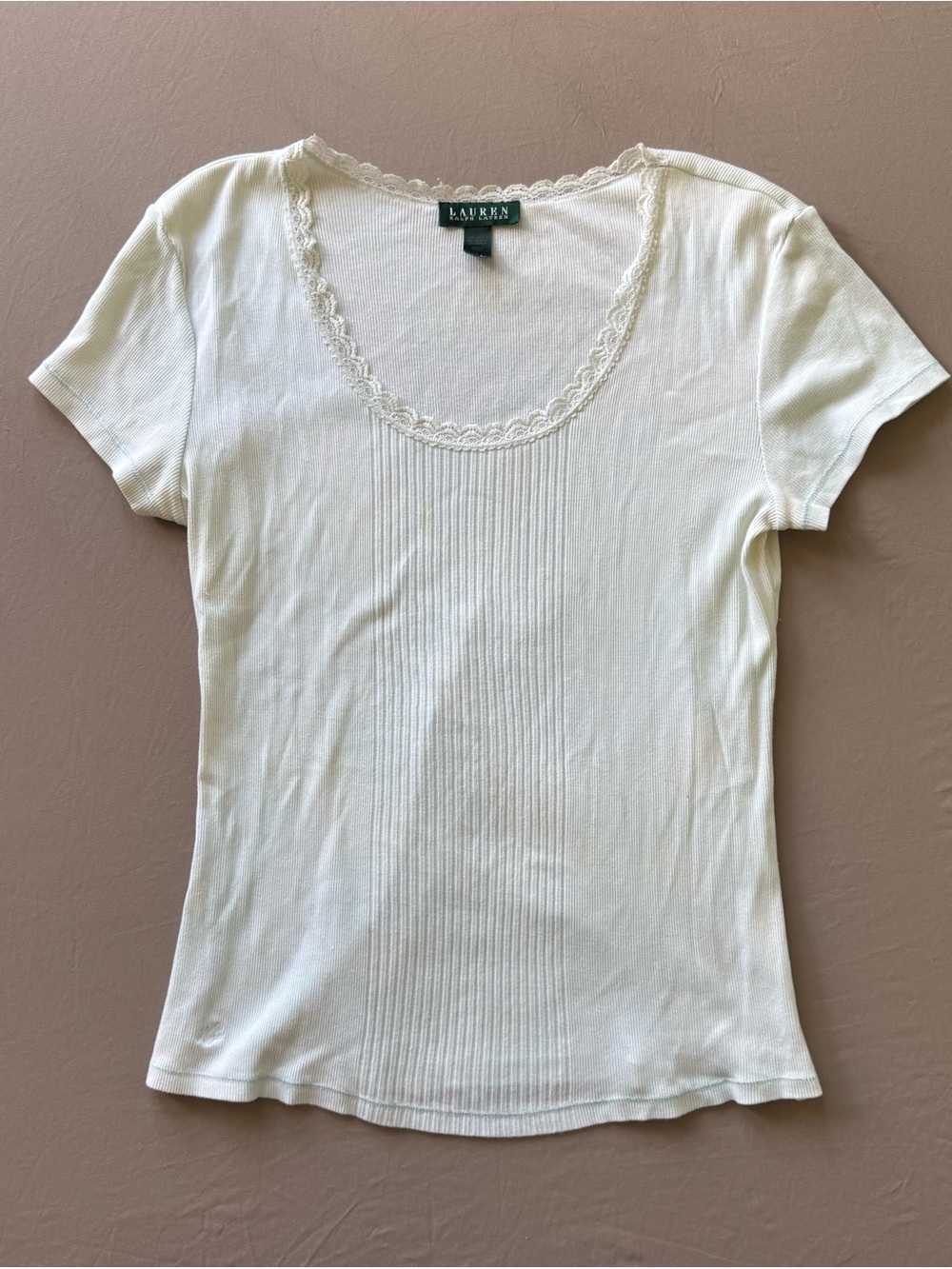 Vintage Ralph Lauren Ribbed Lace Trim Scoop Neck Tee
